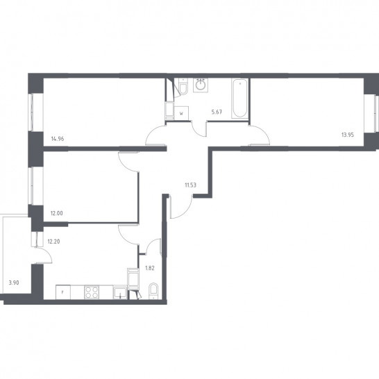 Трёхкомнатная квартира 74.08 м²
