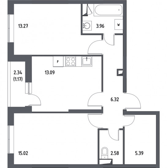 Двухкомнатная квартира 60.8 м²