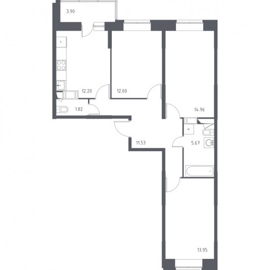 Трёхкомнатная квартира 74.08 м²