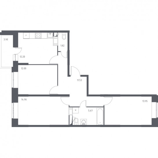 Трёхкомнатная квартира 74.08 м²