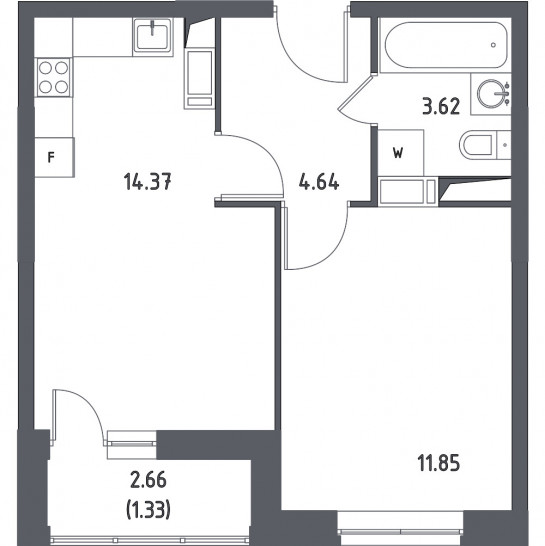 Однокомнатная квартира 35.81 м²