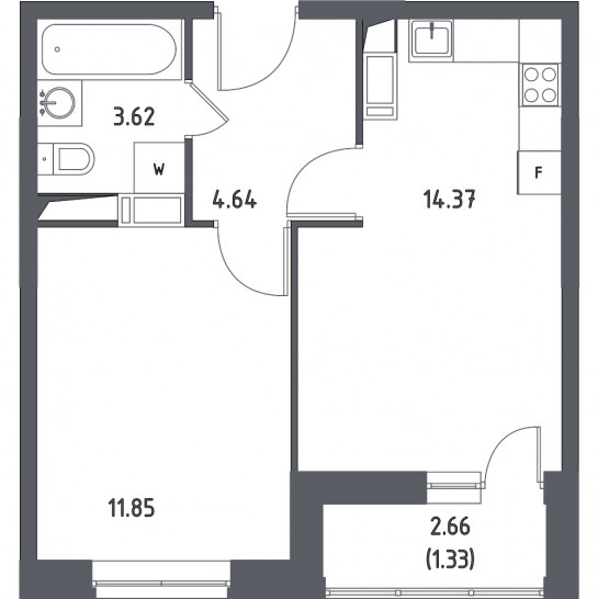 Однокомнатная квартира 35.81 м²