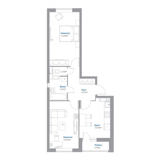 Двухкомнатная квартира 54.83 м²