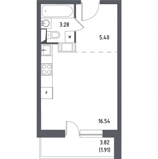 Однокомнатная квартира 27.13 м²