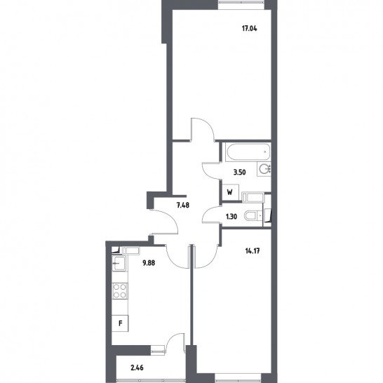 Двухкомнатная квартира 54.6 м²