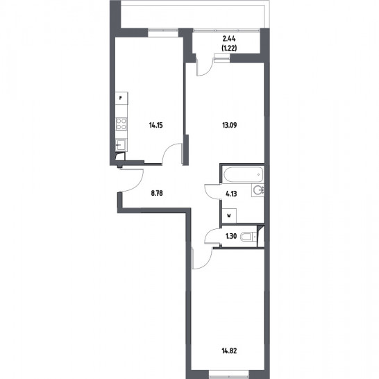 Двухкомнатная квартира 57.49 м²