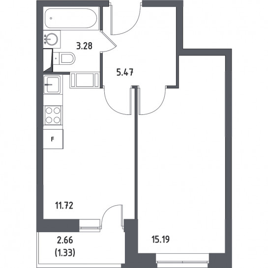 Однокомнатная квартира 36.99 м²