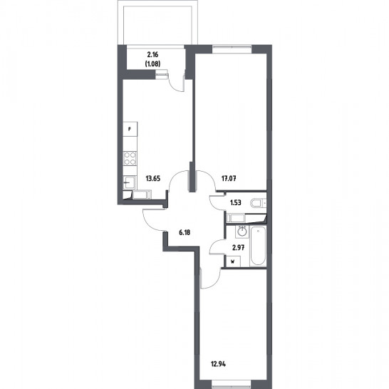 Двухкомнатная квартира 55.42 м²