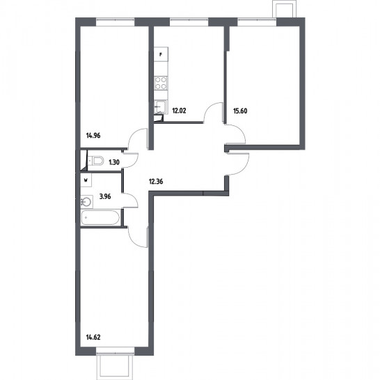 Трёхкомнатная квартира 74.82 м²