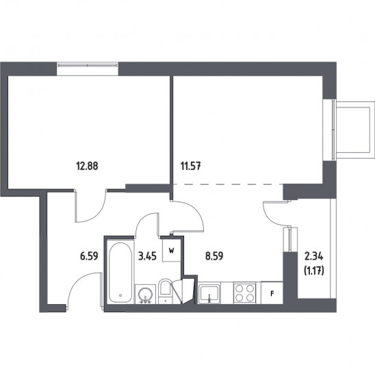 Двухкомнатная квартира 44.25 м²