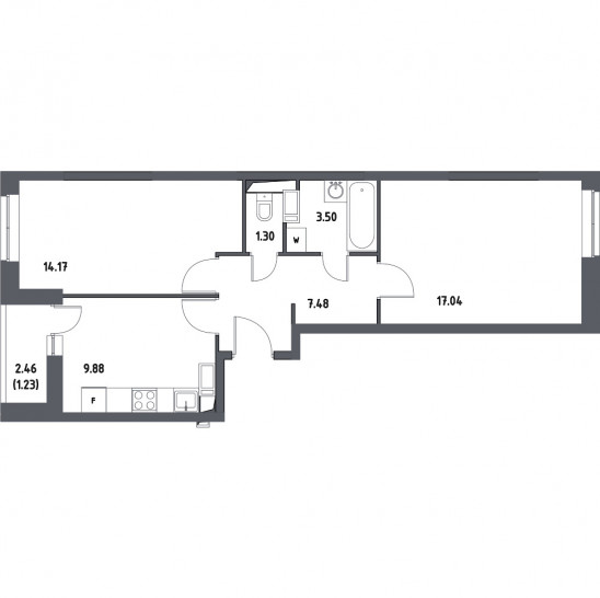 Двухкомнатная квартира 54.6 м²