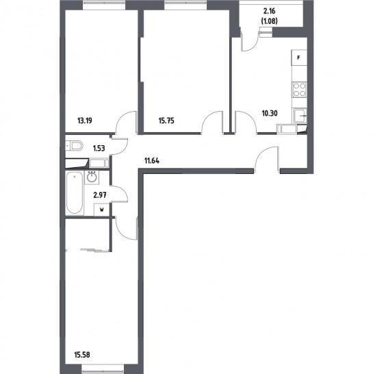 Трёхкомнатная квартира 72.04 м²