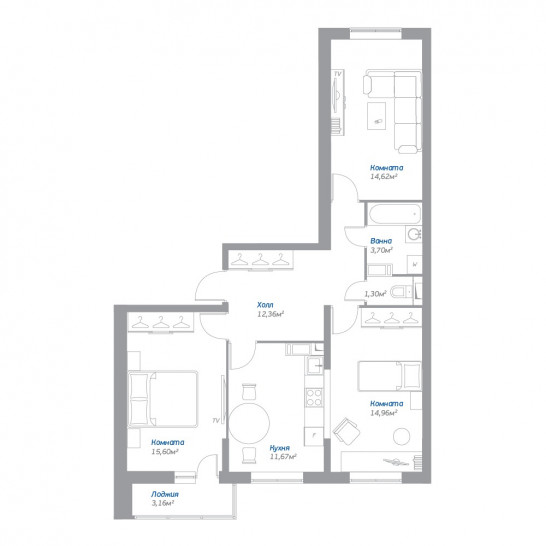 Трёхкомнатная квартира 75.79 м²