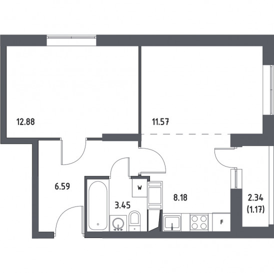 Двухкомнатная квартира 43.84 м²