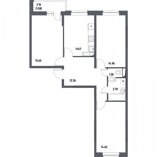 Трёхкомнатная квартира 75.79 м²