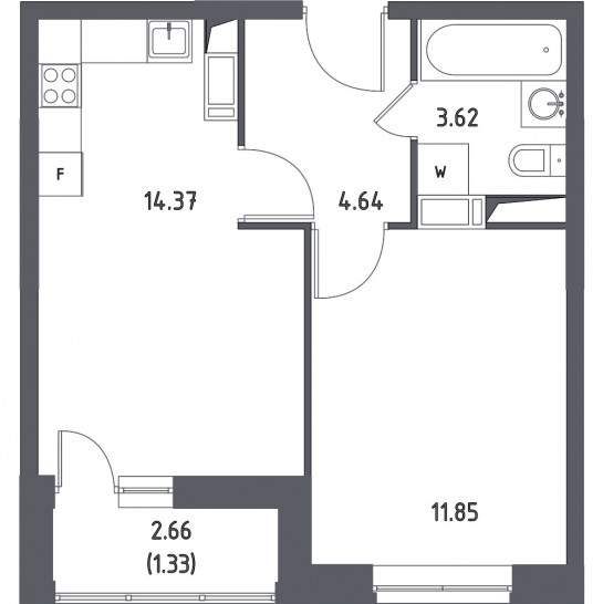 Однокомнатная квартира 35.81 м²