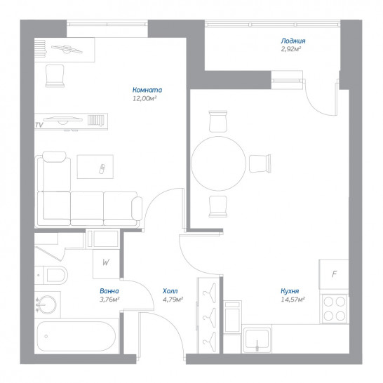 Однокомнатная квартира 36.58 м²