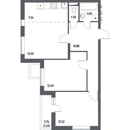 Двухкомнатная квартира 62.54 м²