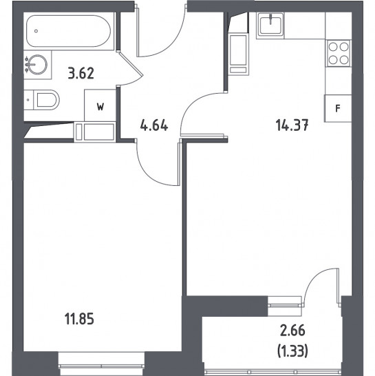 Однокомнатная квартира 35.81 м²