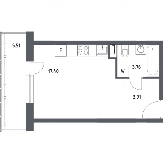 Однокомнатная квартира 26.72 м²