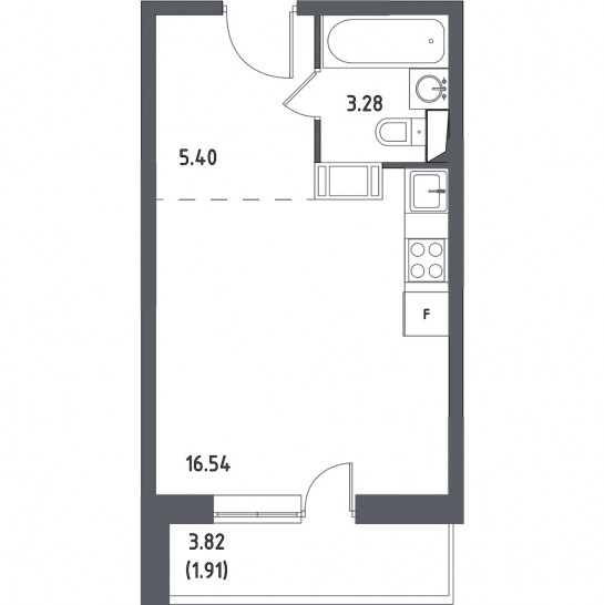 Однокомнатная квартира 27.13 м²