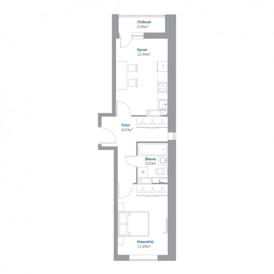 Однокомнатная квартира 38.09 м²