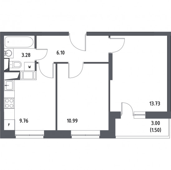 Двухкомнатная квартира 45.36 м²