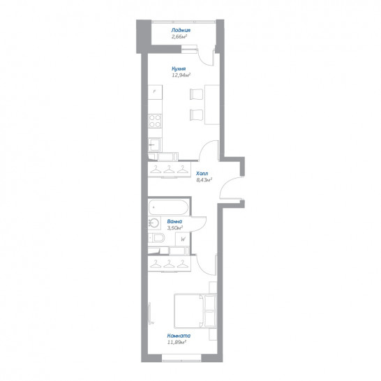 Однокомнатная квартира 38.09 м²