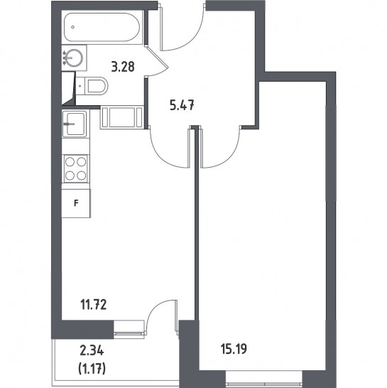 Однокомнатная квартира 36.83 м²