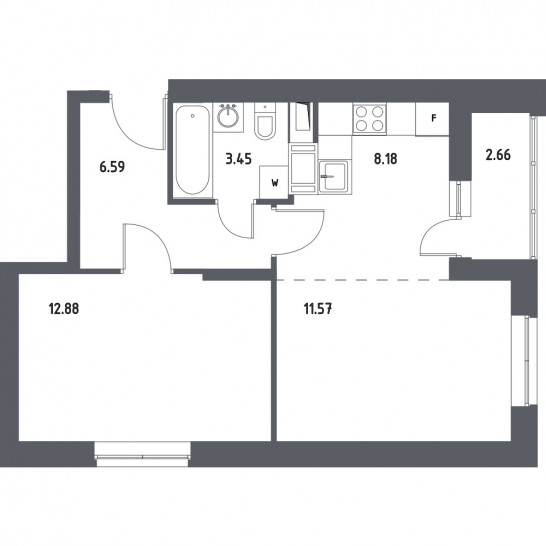 Двухкомнатная квартира 44 м²