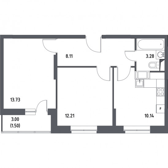 Двухкомнатная квартира 48.97 м²