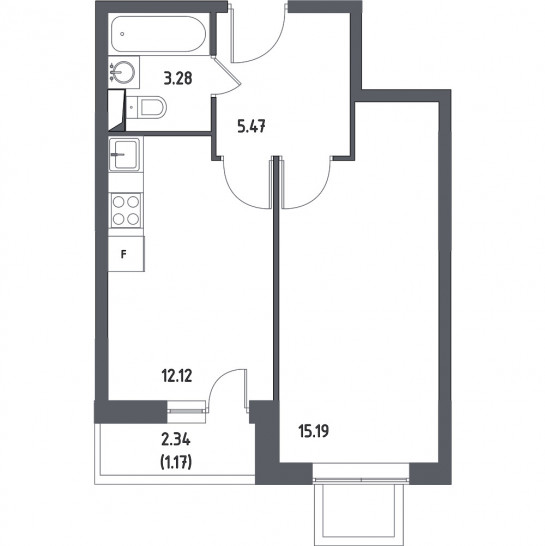 Однокомнатная квартира 37.23 м²