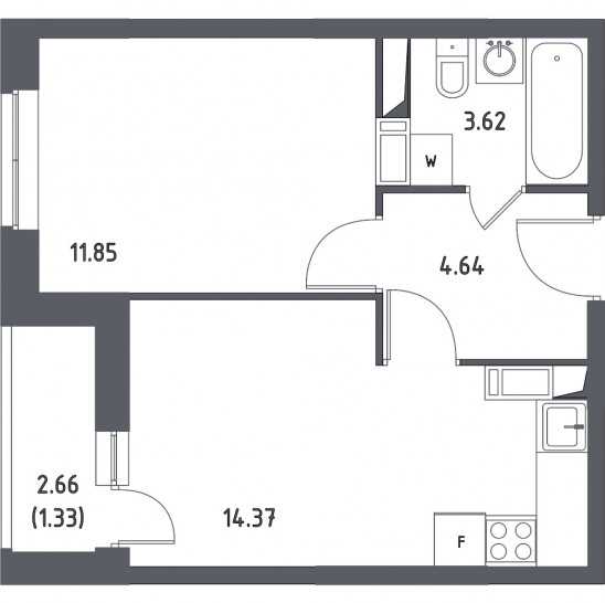 Однокомнатная квартира 35.81 м²
