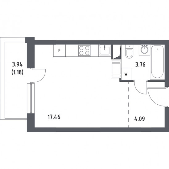 Однокомнатная квартира 26.49 м²