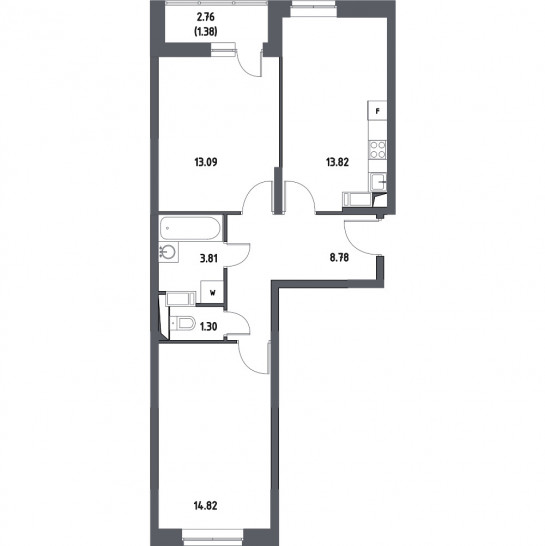 Двухкомнатная квартира 57 м²