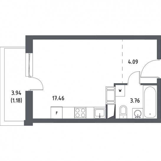 Однокомнатная квартира 26.49 м²
