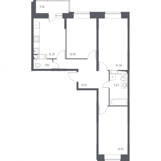 Трёхкомнатная квартира 74.08 м²