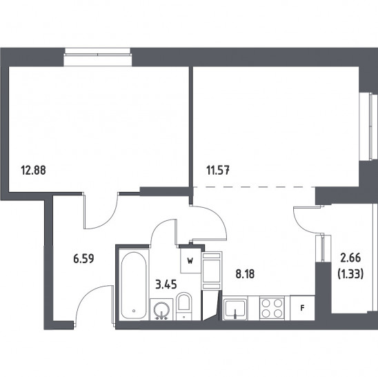Двухкомнатная квартира 44 м²