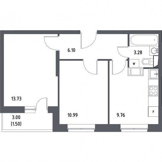 Двухкомнатная квартира 45.36 м²