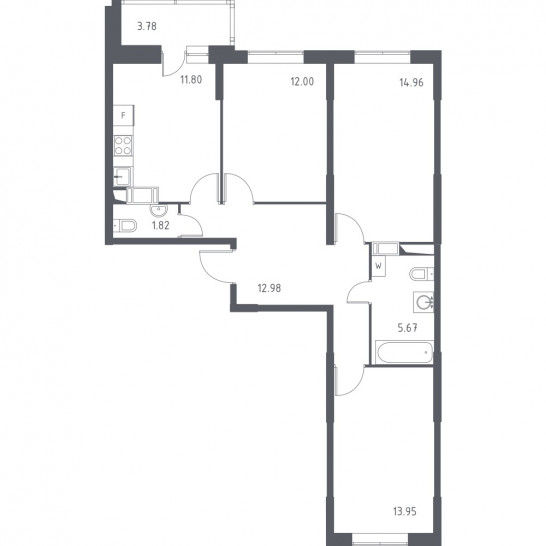 Трёхкомнатная квартира 75.07 м²