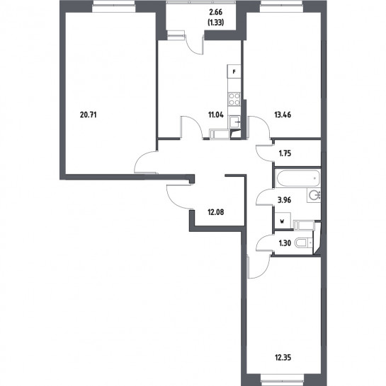 Трёхкомнатная квартира 77.64 м²