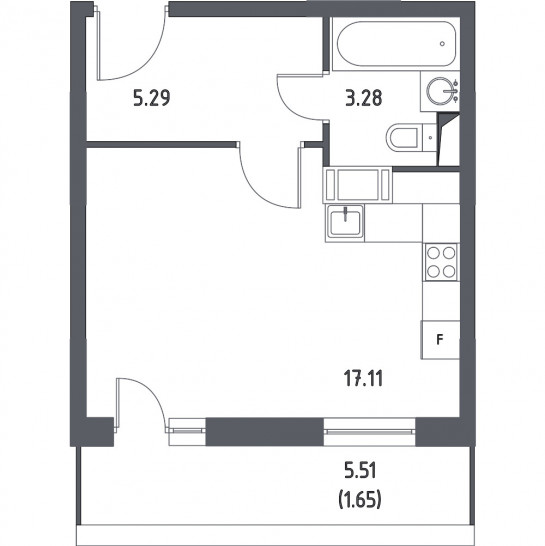 Однокомнатная квартира 27.33 м²