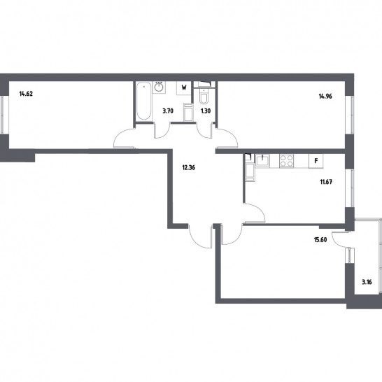 Трёхкомнатная квартира 75.79 м²