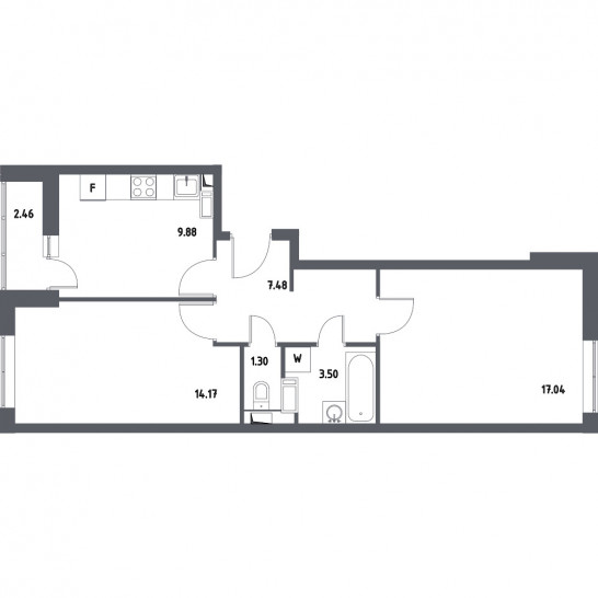 Двухкомнатная квартира 54.6 м²