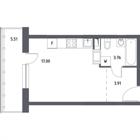 Однокомнатная квартира 26.32 м²