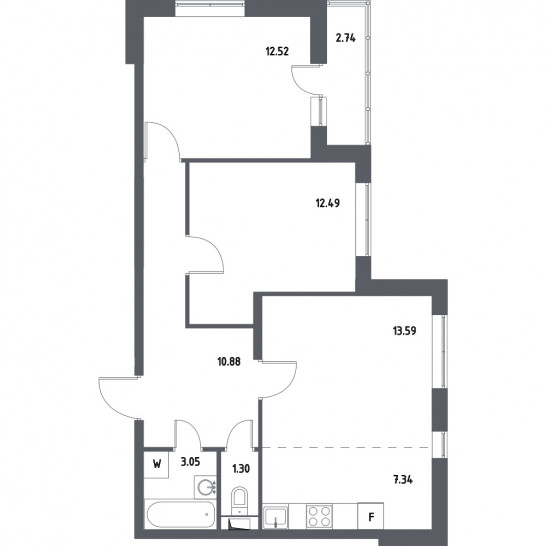 Двухкомнатная квартира 62.54 м²