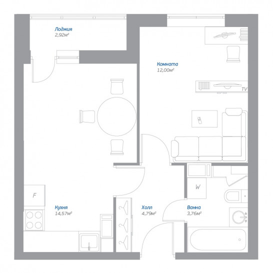 Однокомнатная квартира 36.58 м²