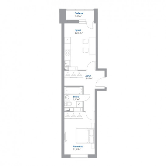 Однокомнатная квартира 38.09 м²