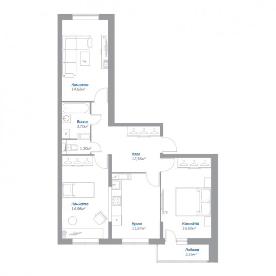 Трёхкомнатная квартира 75.79 м²