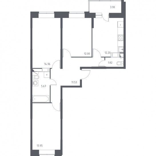 Трёхкомнатная квартира 74.08 м²